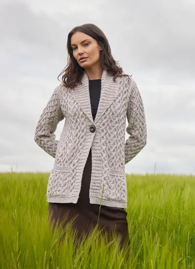 Merino One Button Shawl Collar Cable Cardigan 